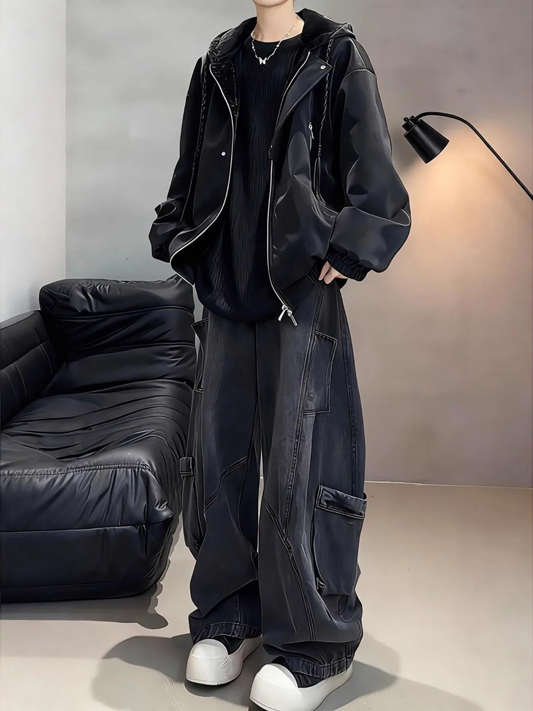 

American Sle Bla Cotton Jaet Men's Winter Faux Leather Coat Hooded Fur Inteated Matador Coat Matte Fini Long Sve