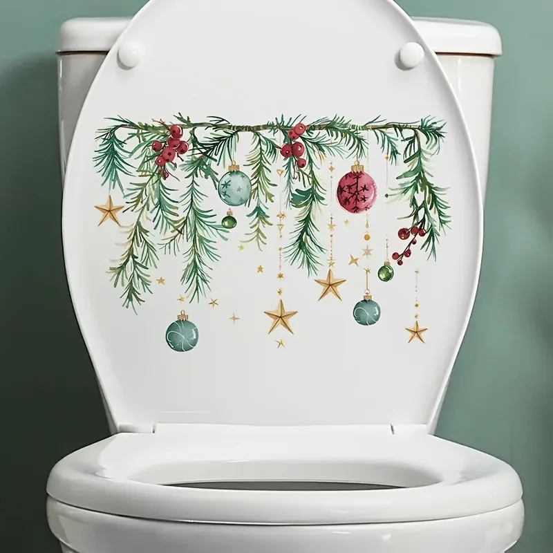 1 Stück weihnachtlicher festlicher Toilettendeckelaufkleber mit Tannengirlande, Beeren und Kugeln, selbstklebender Weihnachtsdekorationsaufkleber