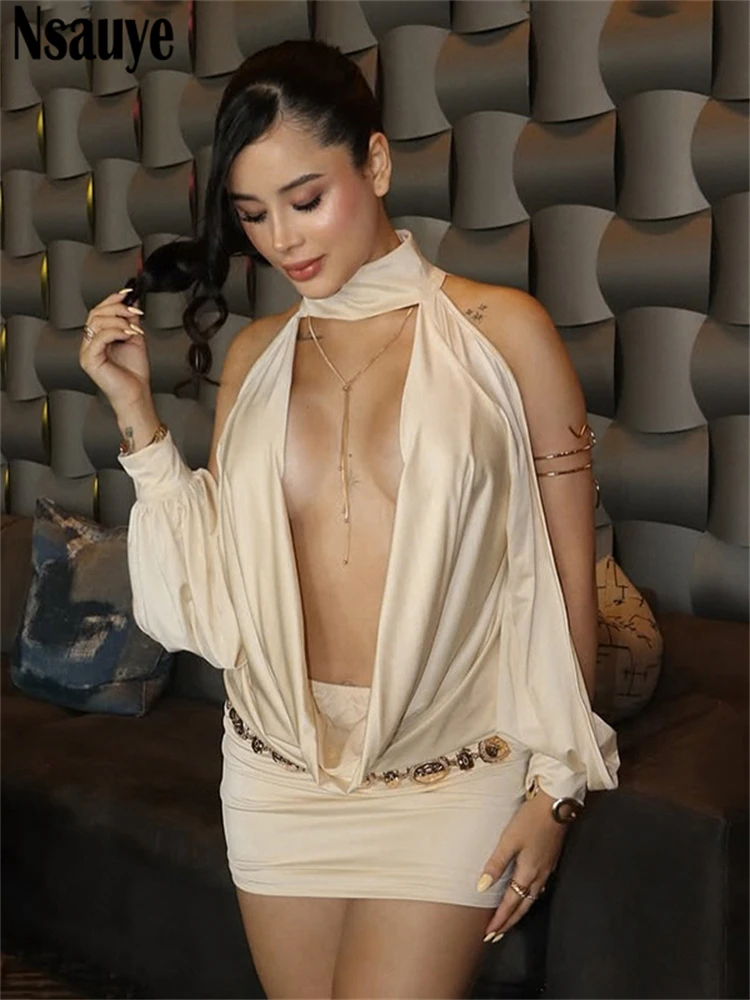 Nsauyeセクシーファッションミニホリデーホルターローカットアウトボディコンイブニングドレスパーティーナイトクラブ女性服ハイウエストドレス2025