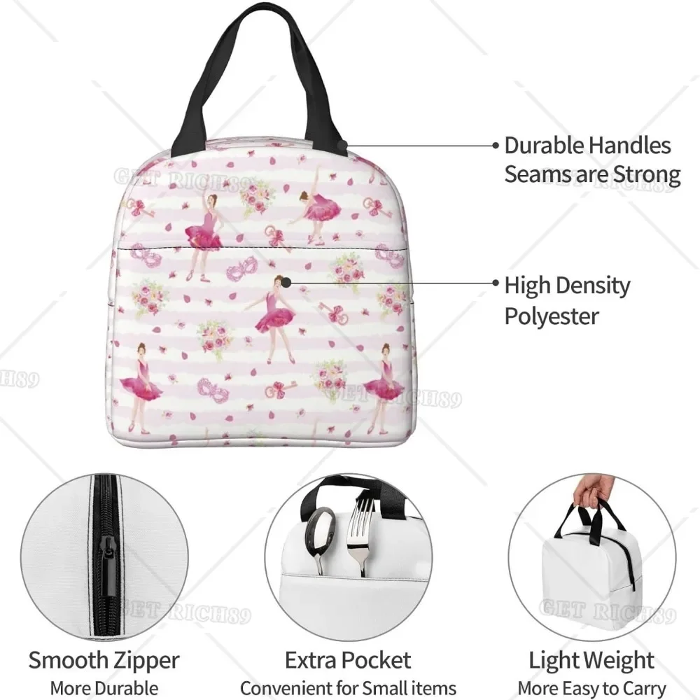 Ballet Dance Lover Gymnastics Lunch Box for Women Men Insulated Reusable Lunch Bags with Pocket for Work School Picnic Trip