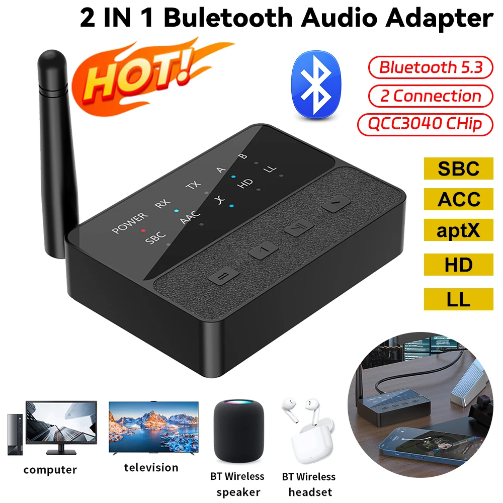 Bluetooth 5.3 aptX/HD/LL Audio Adapter 3.5mm Aux R/L Wireless Stereo Receiver Transmitter Connect two Bluetooth devices