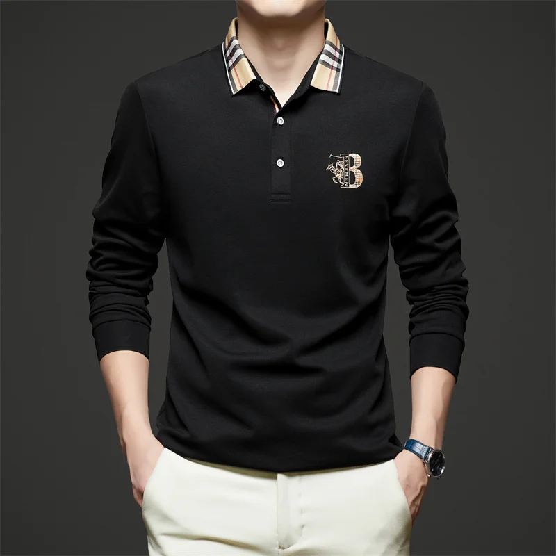 Modisches, hochwertiges, besticktes Herren-Polohemd aus Baumwolle, Herbst-Revers-T-Shirt in Kontrastfarben, lässige, vielseitige Herrenbekleidung – Detail 9