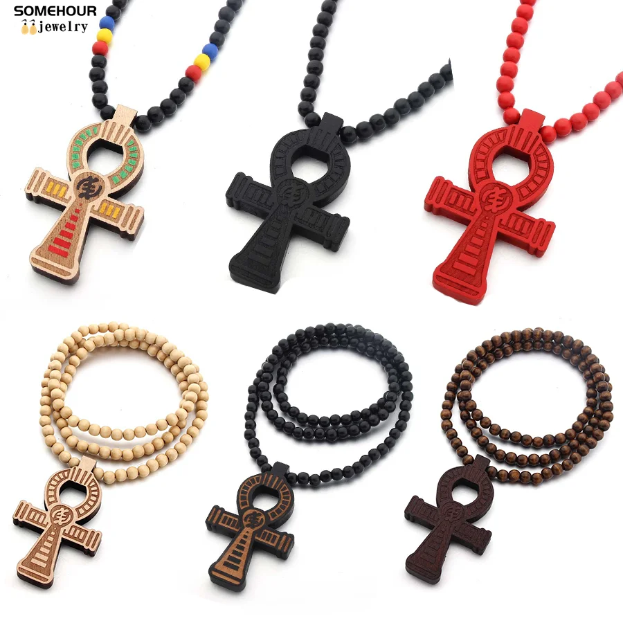 SOMEHOUR Fashion African Ethnic Wooden Necklace Engraved Ankh Symbol Pendant Wood Beads Chains Religious Women Hiphop Jewelry