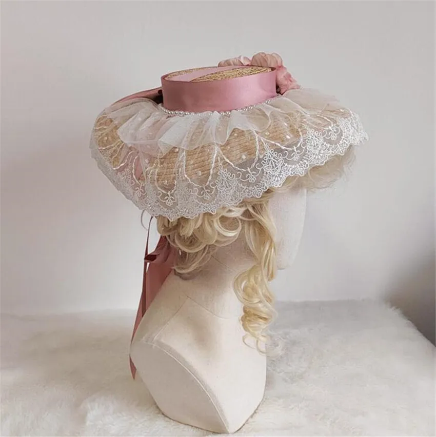 Spring Summer Girl Lolita Straw Hat  Elegant Tea Party Flat Cap Lace Bonnet Bnt Hat D1068