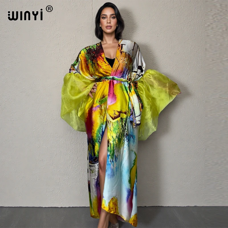 

WINYI Summer Kimono party dress Beach Wear Swim Suit Cover up african women loose puff(ed) sleeves Cardigan boho Holiday kaftan