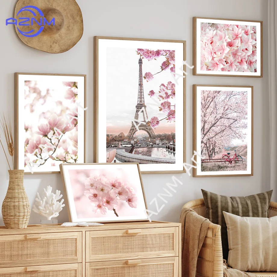 Cuadro sobre lienzo con diseño de torre de París, flores de melocotón rosas, Sakura, carteles nórdicos de primavera, impresiones, imágenes para decoración del hogar y sala de estar
