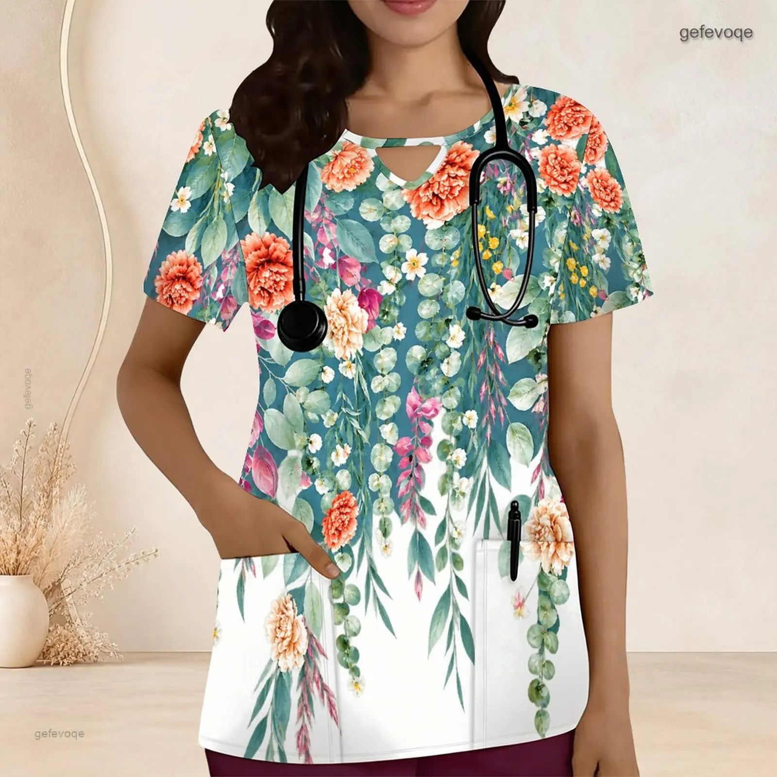 Women Scrub Top with Print Keyhole Neck Short Sleeve Front Pockets
