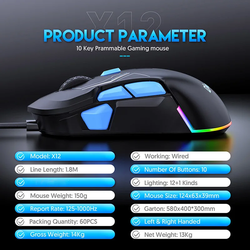 Mouse da gioco cablato ergonomico retroilluminato RGB 12800 DPI 10 pulsanti programmabili Mouse da gioco ambidestro cablato per Deaktop/laptop
