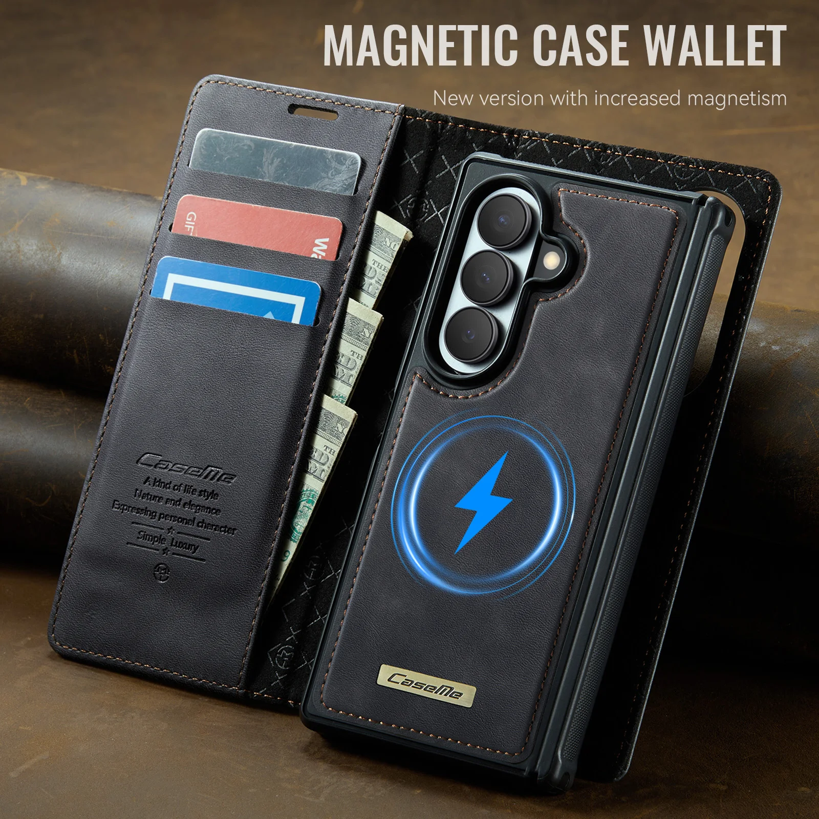 Caseme-C49 2-in-1 Magsafe Detachable Wallet Case For Samsung Galaxy Z Fold 8Ultra Vintage Leather Flip Cover Card Slot Kickstand
