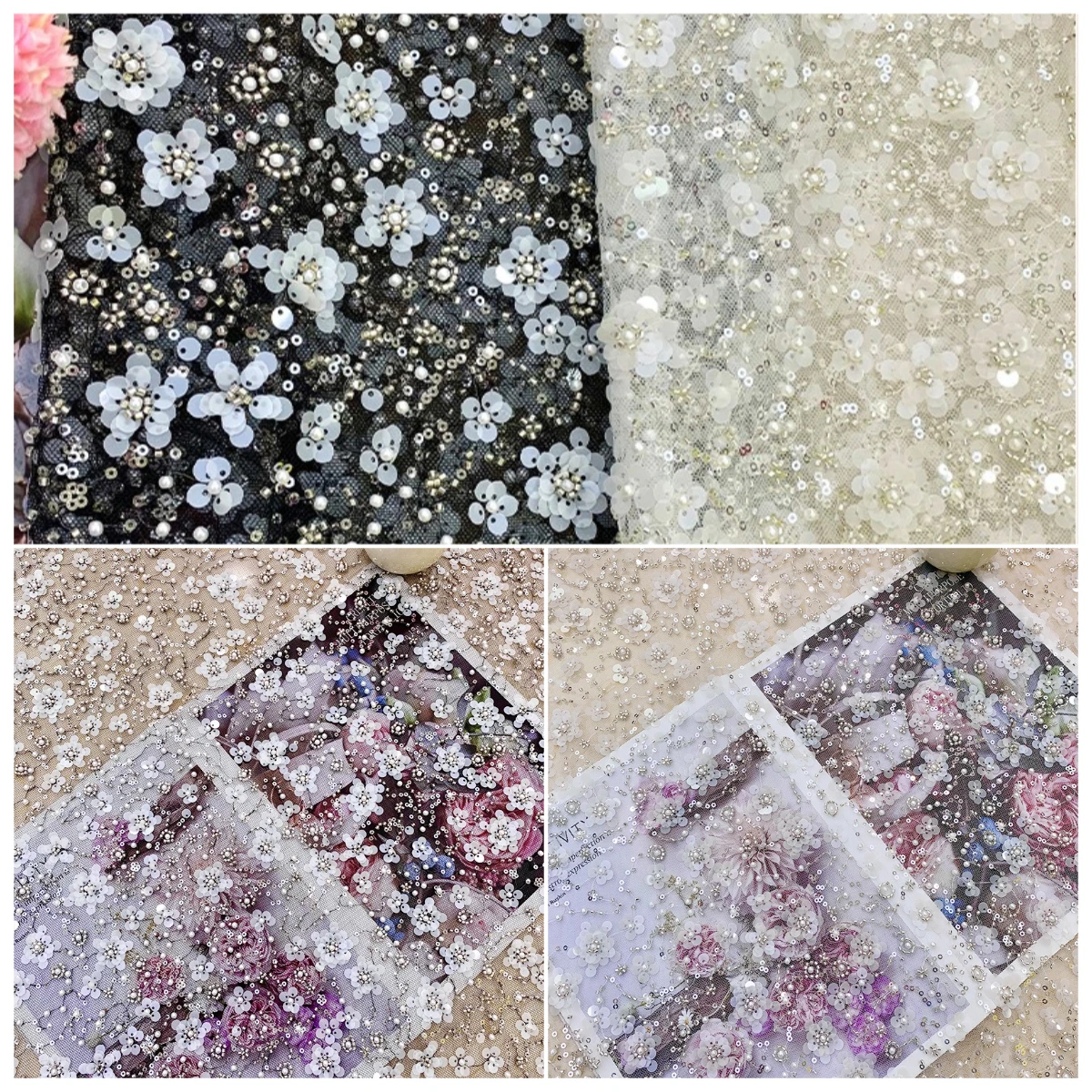 

Премиум-класса, новый стиль, сетчатая ткань с блестками и бисером - 3D-материал для платья с вышивкой пайетками, готовый к оптовой продаже