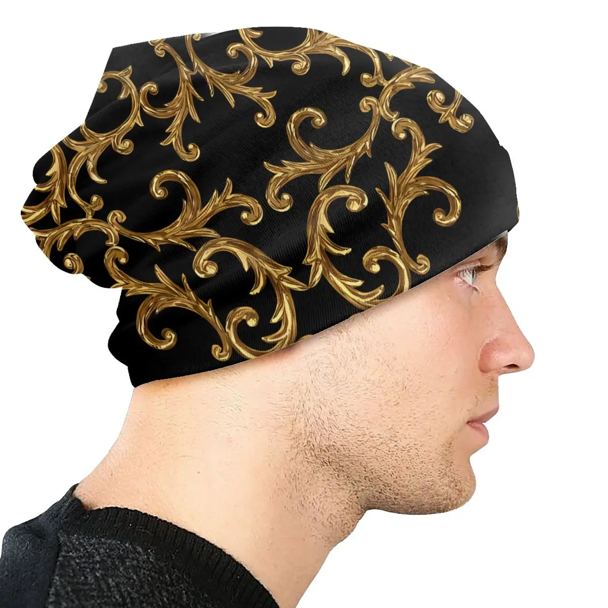 Bonnet Hats Golden Lion Damask Men Women\'s Thin Skullies Beanies Hat Black And Gold Damask Autumn Spring Warm Cap Hip Hop Caps