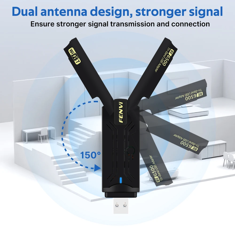 FENVI WiFi 7 USB 3.0 6500Mbps adattatore scheda di rete Wireless Tri Band 2.4G e 5G e 6G per PC/Laptop Windows 10/11 Driver gratuito