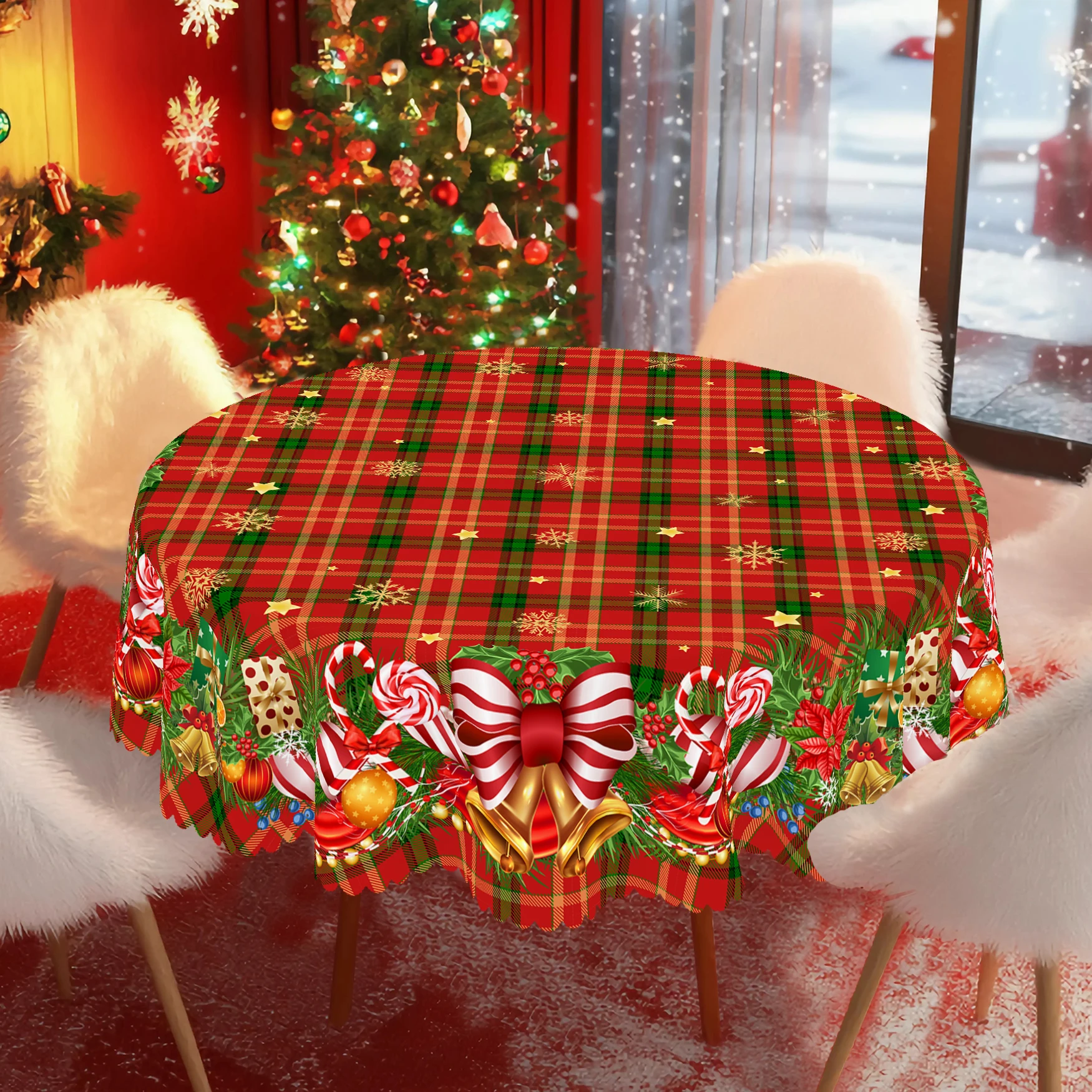 1 Stück runde und rechteckige Tischdecke mit Weihnachtsmotiv, erhältlich in verschiedenen Größen, mit Weihnachtsglocken-, Süßigkeiten-, Geschenkbox- und Schleifenmuster, Tischdecke mit rotem