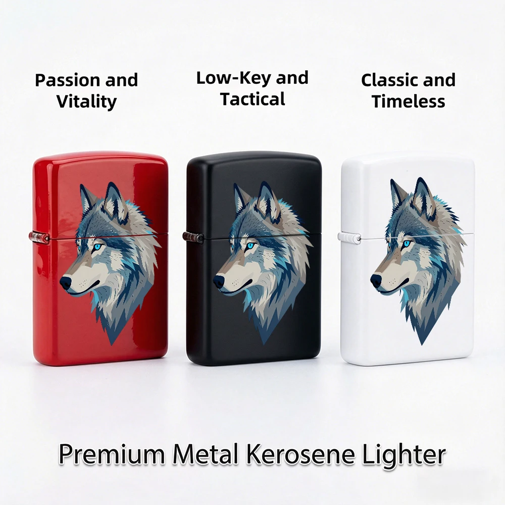 Modern Geometric Style Flip Top Lighter, Blue Eyed Wolf Head Illustration Art Print, For Collection Daily Use