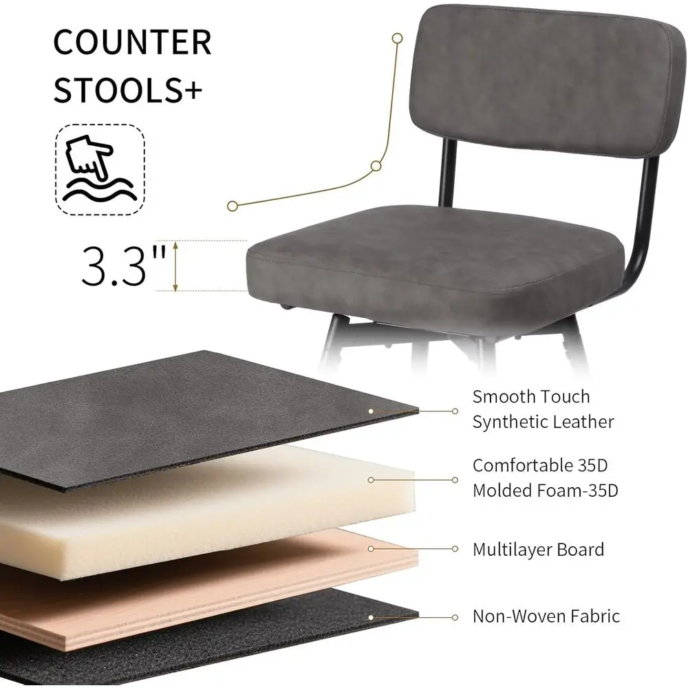 Sepasang Kursi Bar Putar Kulit Imitasi Abu-abu & Hitam dengan Sandaran, Kaki Logam, Tinggi Dudukan 26 inci untuk Pulau Dapur dan Bar Rumah
