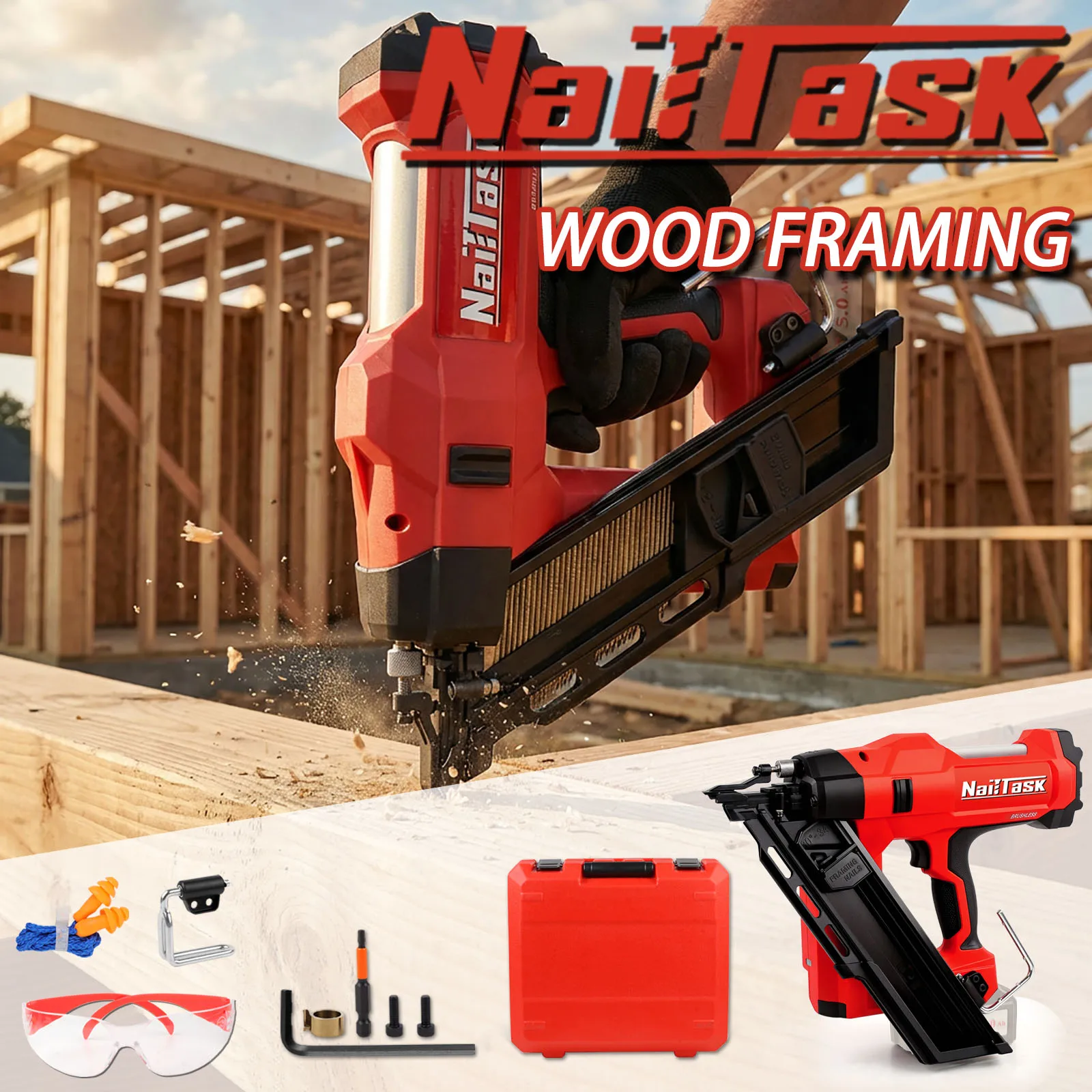 

Nailtask 20V Brushless Cordless Framing Nailer 34 Degree for Paper Collated Nails in Wood Construction (Without Battery）