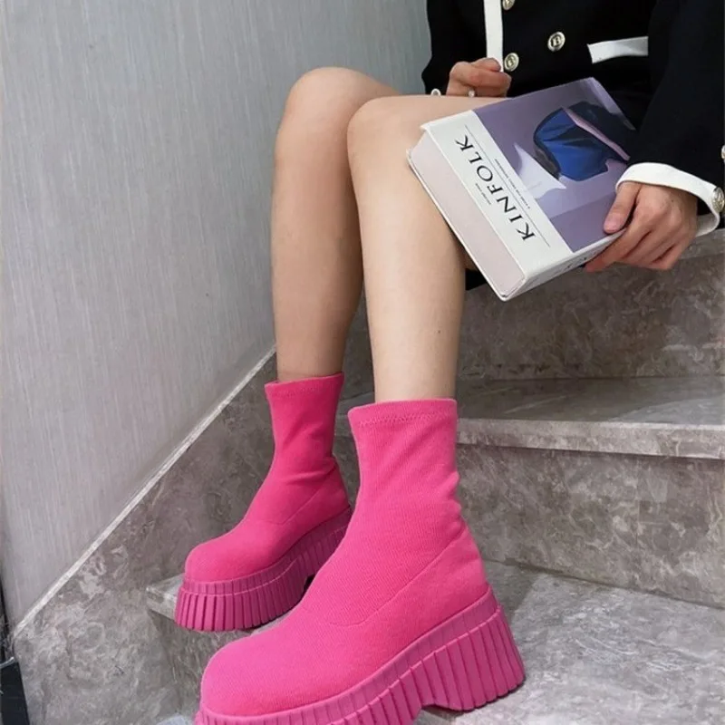 Autumn Winter Women Shoes 2024 New Platform Boots Comfortable Wedge Ladies Knee Boots Breathable Casual Pink Long