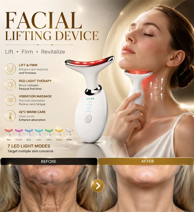 Hot Neck Facial Lifting Device EMS Microcurrent LED Photon Therapy Vibration Face Neck Massager Anti Wrinkles Tightening Skin