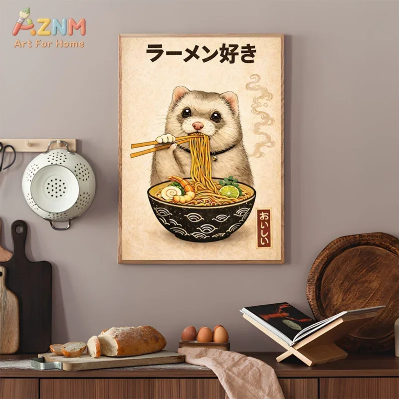 AZNM Funny Animal Ramen Canvas Wall Art Cat Duck Dog Raccoon Eating Noodle Japanese Retro Print Frameless Canvas Painting Home D