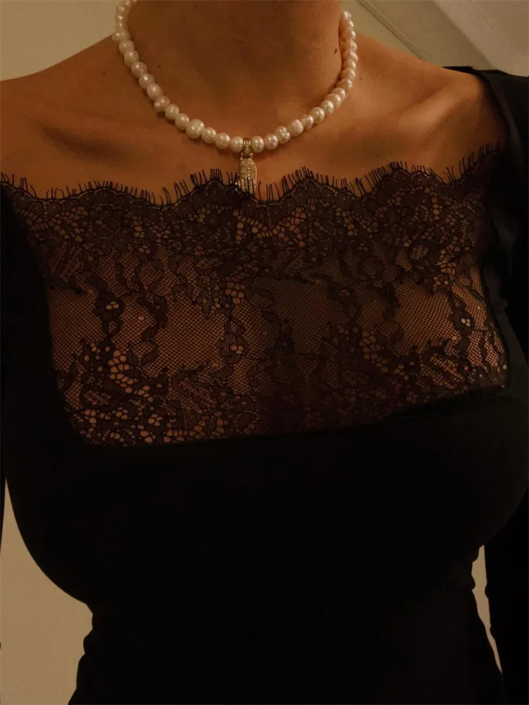 Tossy Zwart Kant Sexy Mini Jurk Vrouwen Doorzichtige Lange Mouw Patchwork Slanke Pendelen Feestjurk Vrouwelijke Zomer Bodycon Jurk