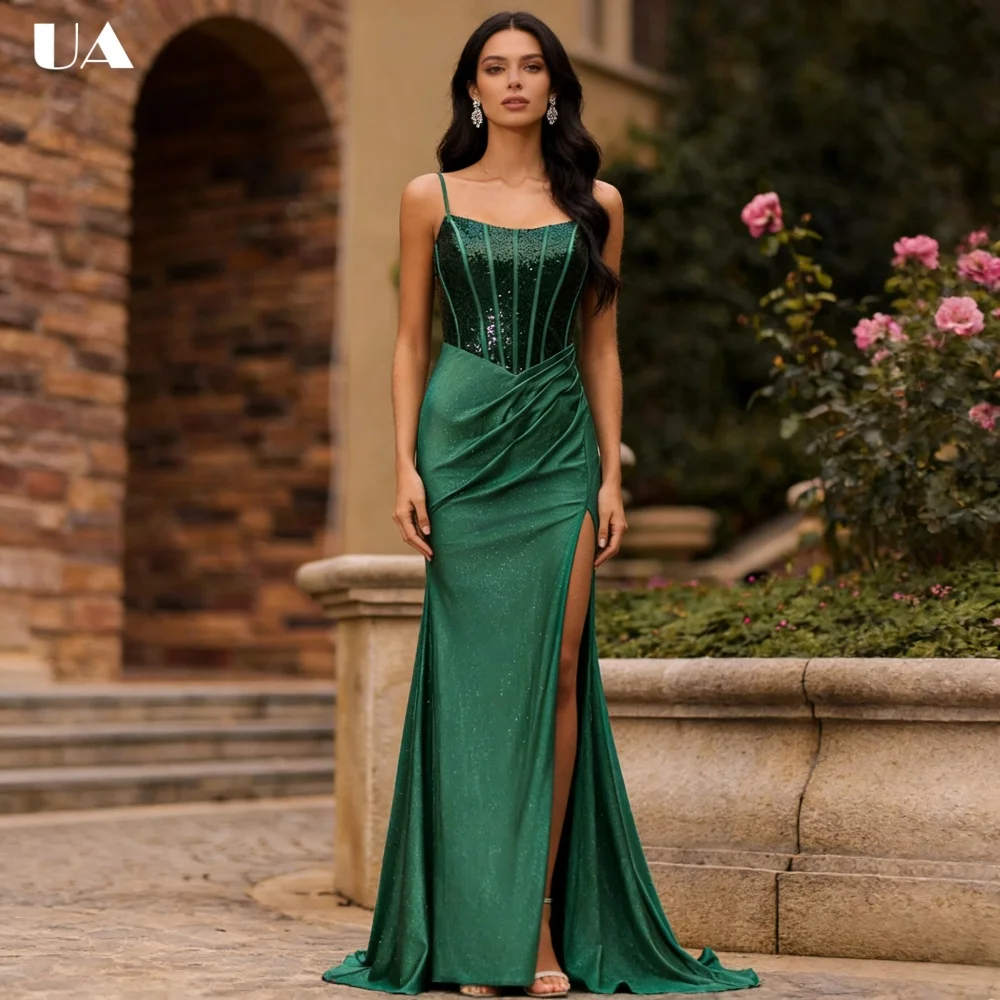 

ULBYANRY Customized Sequined Mermaid Prom Dress with Spaghetti Strap, Elegant Lace-up Evening Dress, Sexy High-slit Party Dress