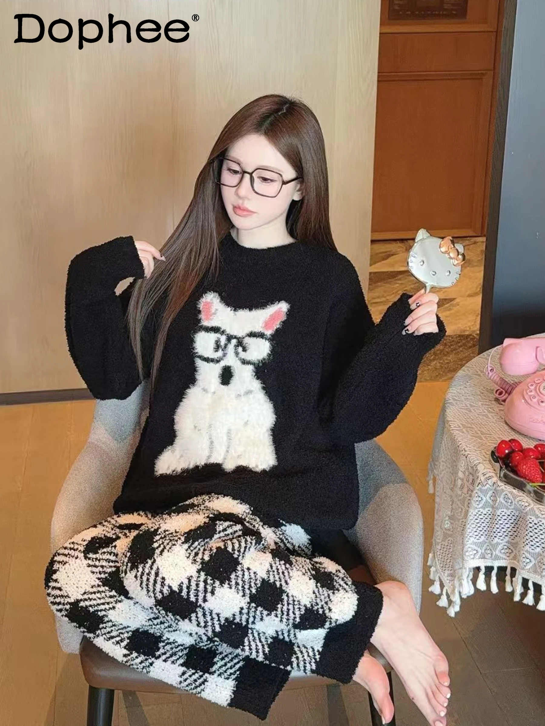 

Sweet Cute Japanese Style Ins Round Neck Pajamas for Women Winter New Long Sleeve Pullover Thickened Casual Loose Home Wear