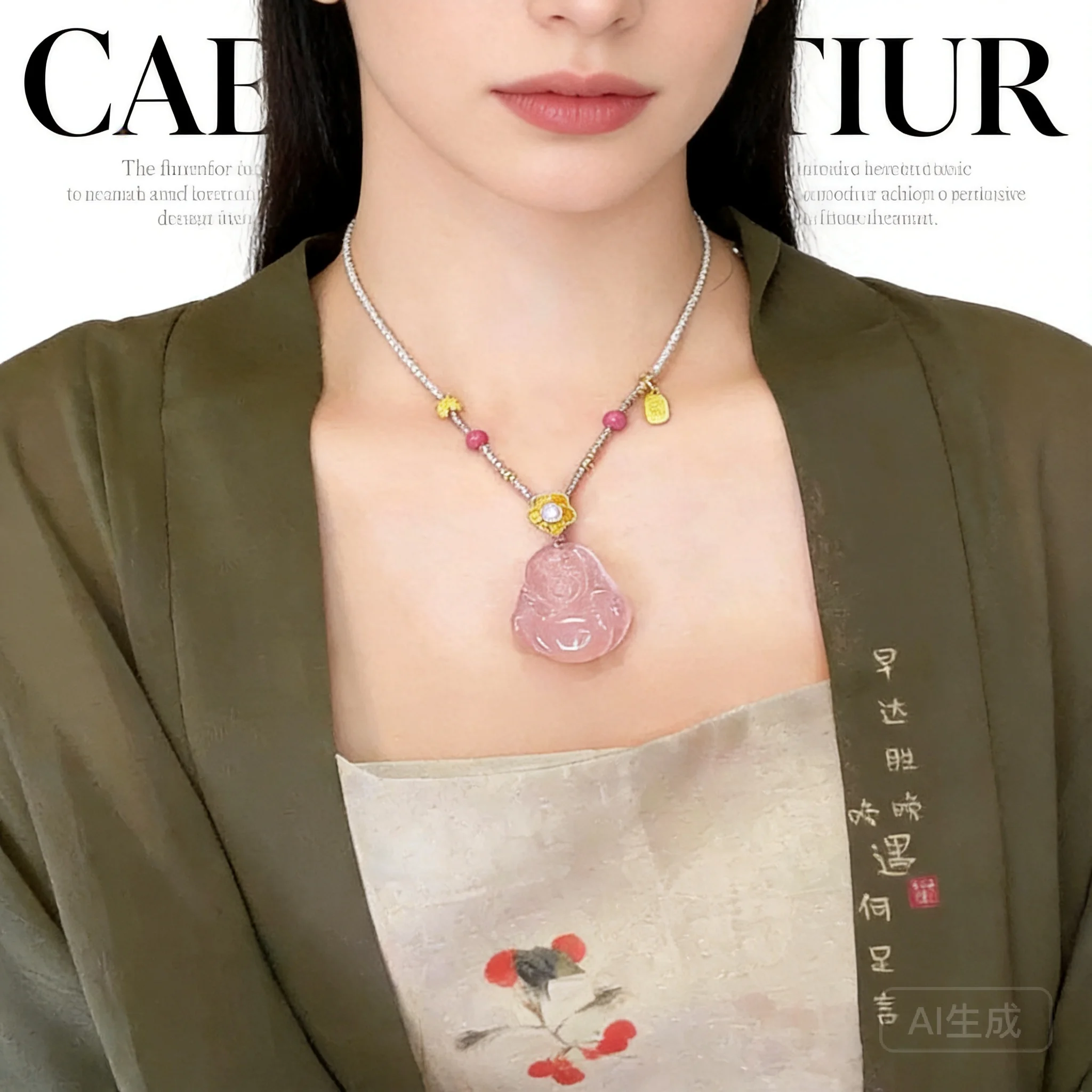 Chinese Style Auspicious Lucky Pink Natural Agate Laughing Buddha Pendant Handmade Braided Clavicle Chain Necklace Blessing Fort