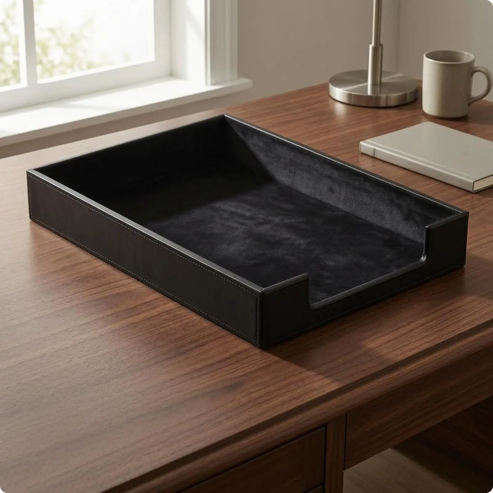 Leather-covered A4 Desk Tray Front Load File Organizer with Stitched Edges for