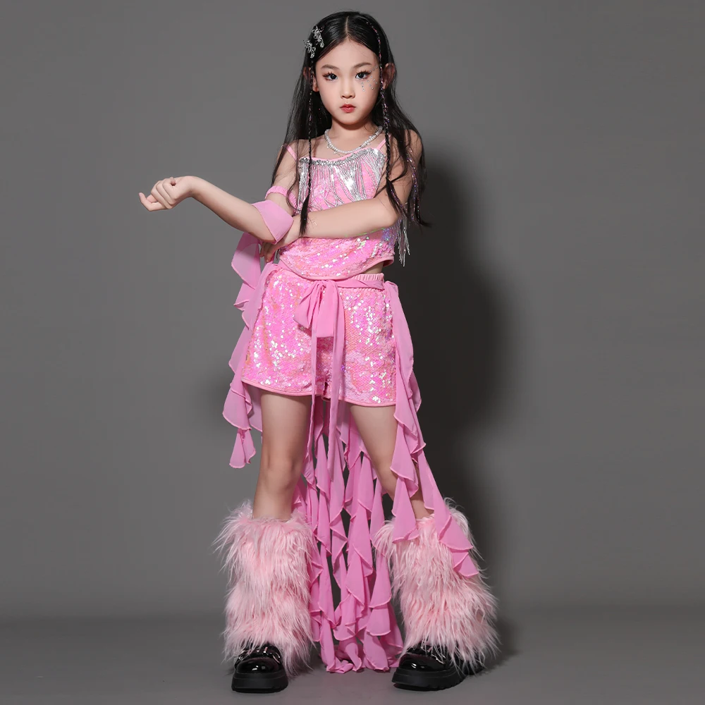 جديد الفتيات أداء K-pop وتتسابق الوردي الترتر أعلى السراويل الجاز أزياء رقص المرحلة الهذيان الدعاوى الاطفال الشارع ارتداء XS10493