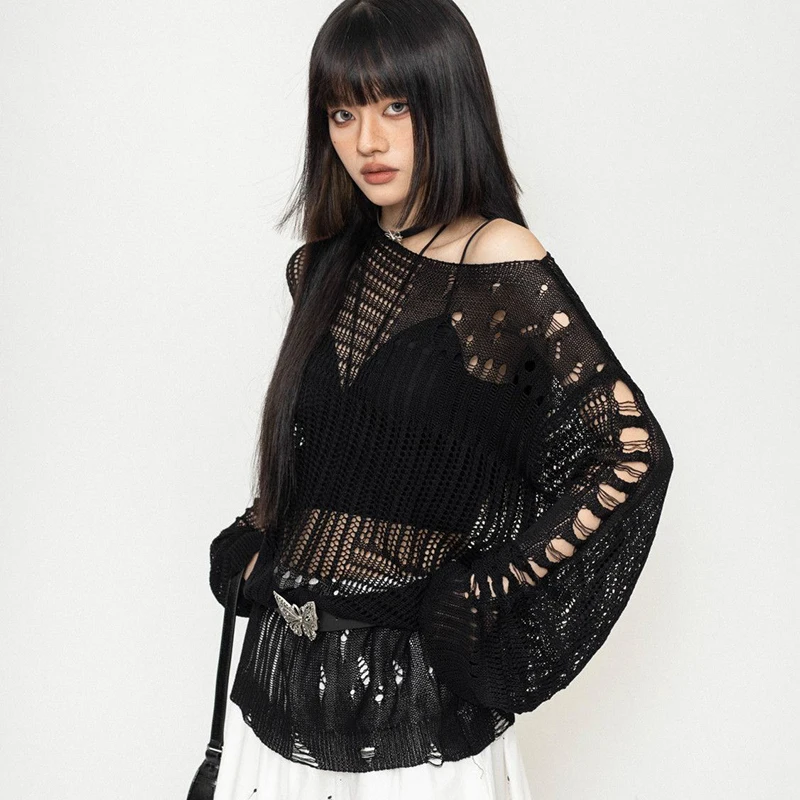 黒ニット中空アウトプルオーバー女性ブロークンホールセクシーなシースルーストラップレスセーター長袖ルーズ怠惰なストリートトップ
