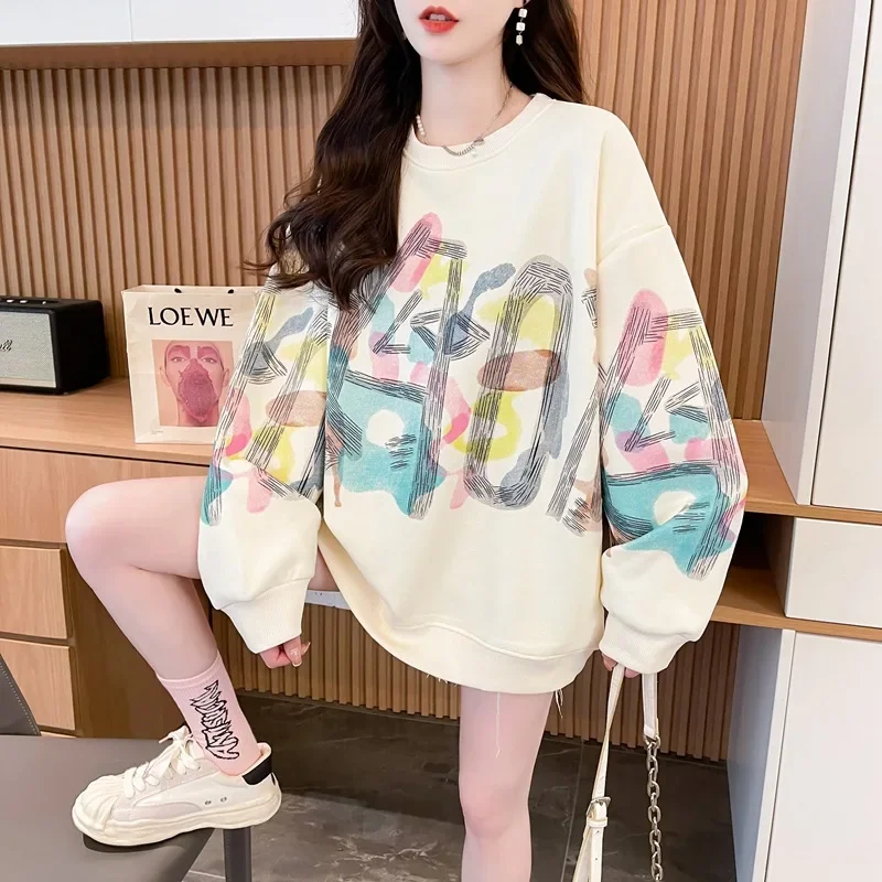 2024 Autumn New Graffiti Hoodie Female Korean Version Of The Crew-Neck Printed Top In Long Fashion Women's Clothing