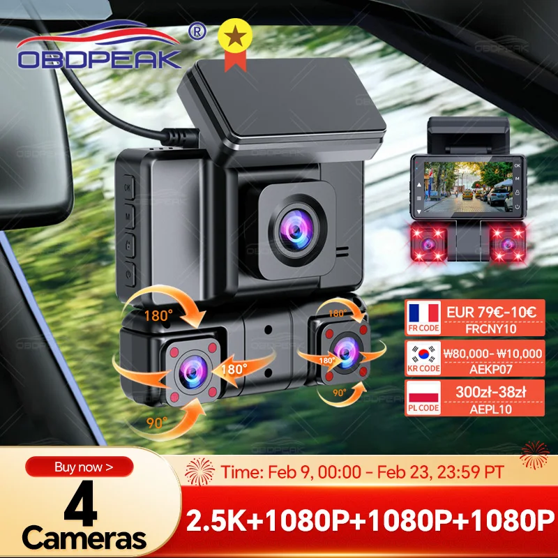 

OBDPEAK M65 Car DVR 4 Channel 360° Dash Cam Infrared Front Rear Inside WIFI GPS Dash Camera for Cars 2.5K+1K+1K+1K Parking Mode