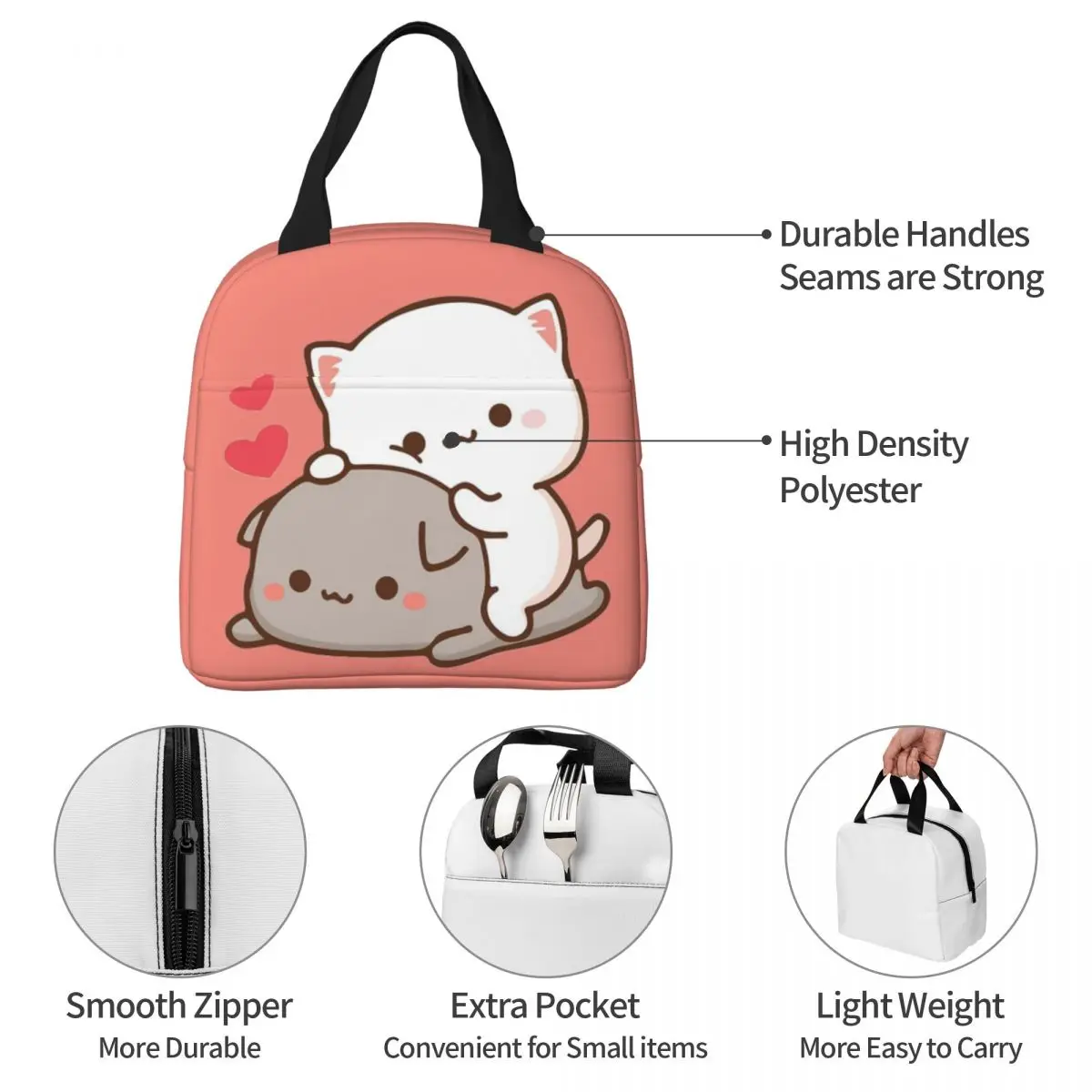 Peach And Goma Insulated Lunch Bag High Capacity Cute Mochi Peach Cat Lunch Container Cooler Bag Tote Lunch Box Beach Travel