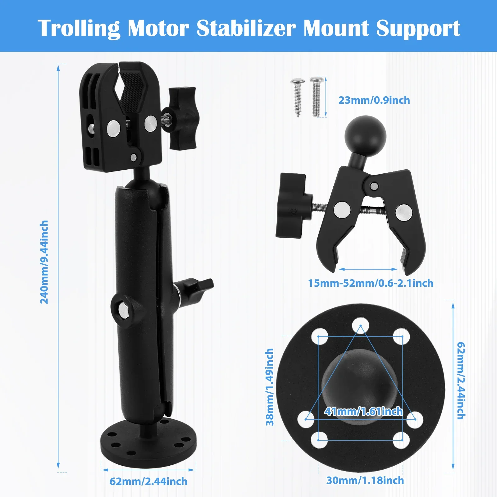 Trolling Motor Stabilizer Mount Support 360° Adjustable Tough-Claw Boat Trolling Motor Shaft Reduces Bounce Fits to 0.6