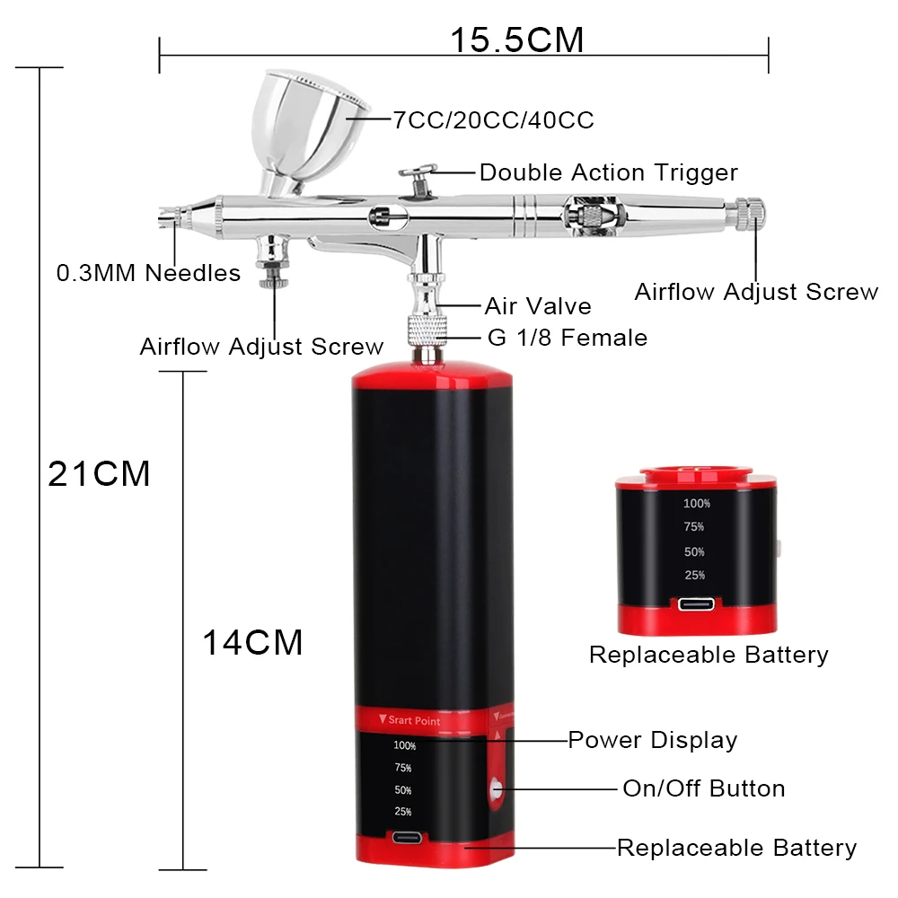 Professional Auto Cordless Airbrush Make Up Kit With Rechargeable Compressor Power Display Side Feed Cup Car Automotive Tool