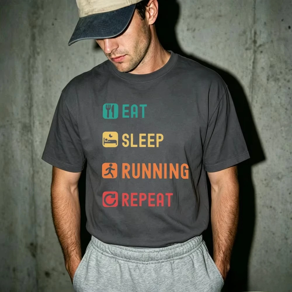 Fitness Graphic Tee Multicolor Icon Eat Sleep Running Repeat Slogan Typography Print Men T Shirt Summer Streetwear Clothes