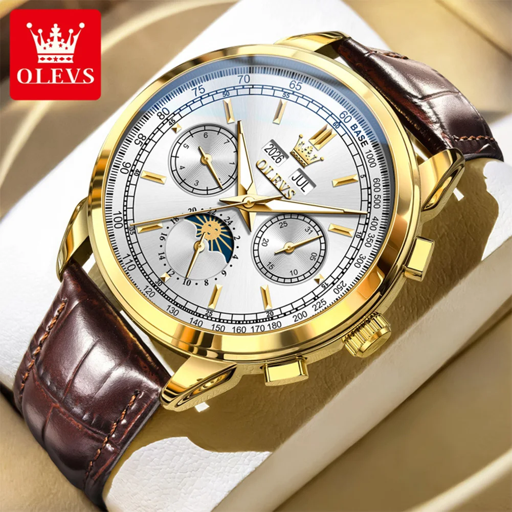 

Мужские автоматические часы OLEVS 7117, новые, роскошные, модные, с кожаным ремешком, механические, с 24-часовым календарем и указателем фаз луны.