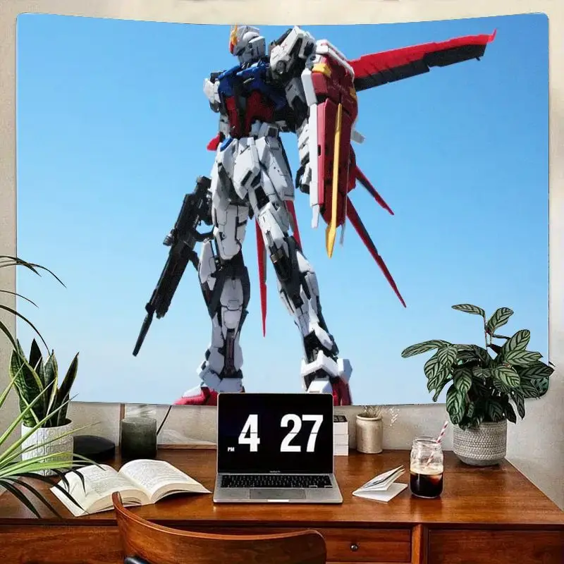 

1 шт. большой гобелен Gundam-Like Mech с белым/синим/красным/желтым доспехами, держащим черным пистолетом, дизайн прозрачного голубого неба, настенный декор для Be