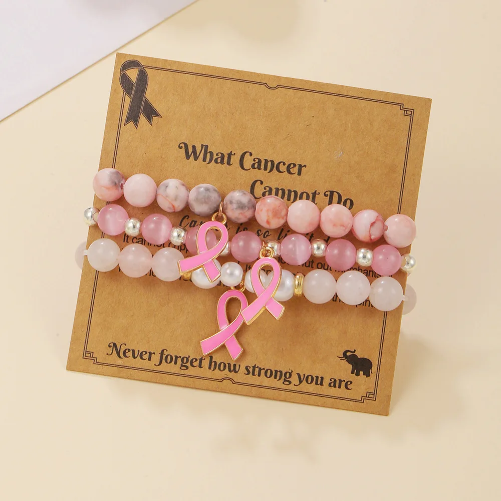 Cancer Survivor Gifts Party Favors - Natural Stone Beaded Breast Cancer Awareness Bracelets Set - 3 Pack Pink Ribbon Bracelets