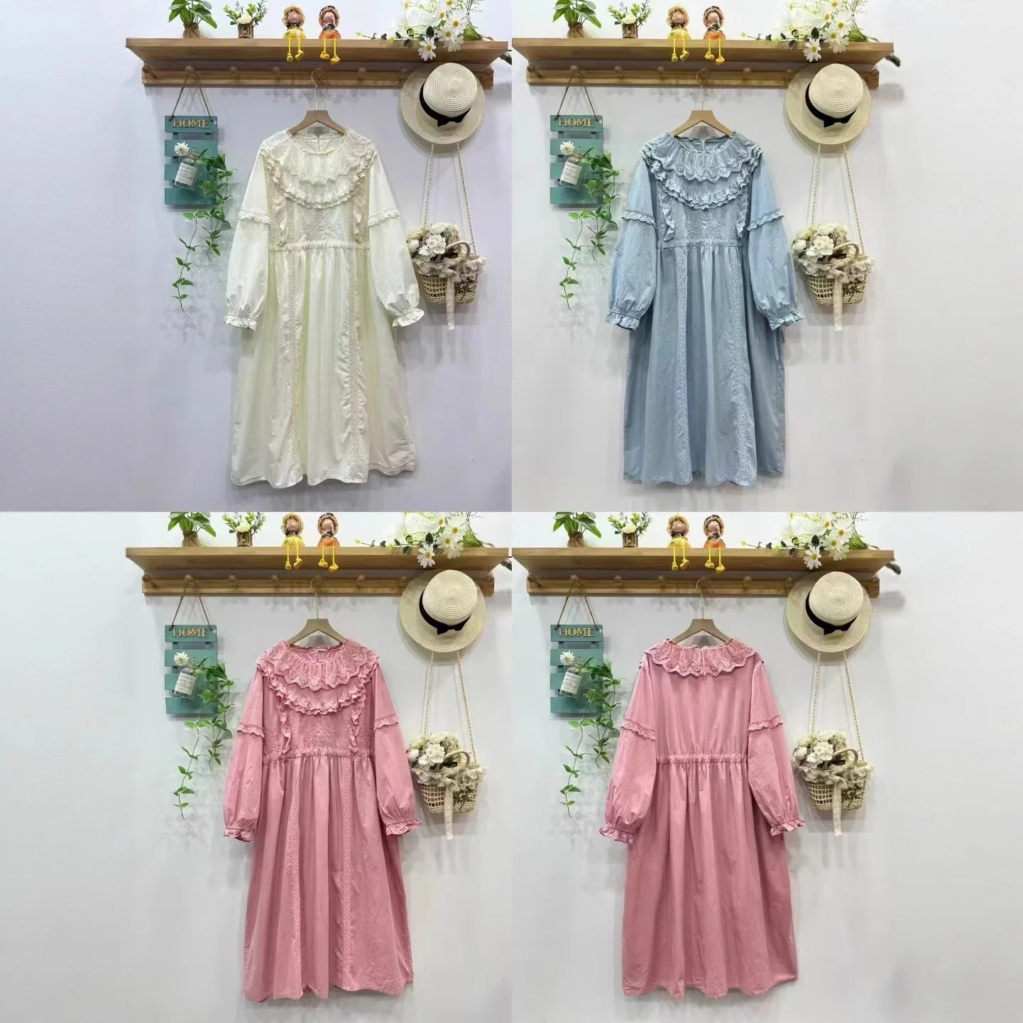 [Stock prêt] haute qualité femmes 100% coton Blouse chemise à manches longues robe couleur unie doux dentelle robes en dentelle