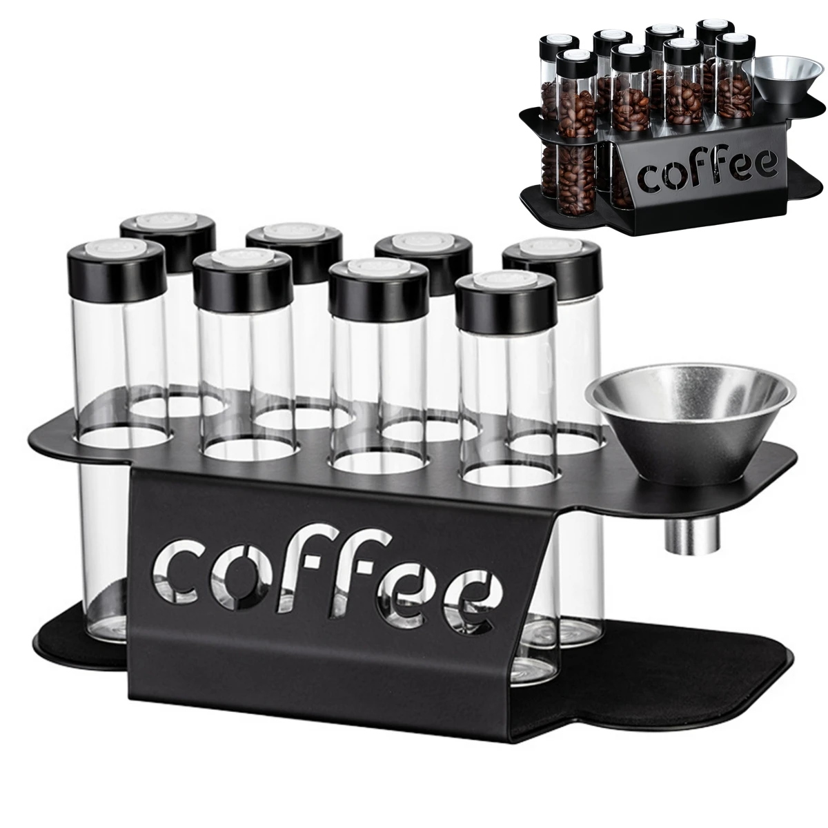 Coffee Bean Storage Solution with 8 Airtight Glass Tubes Metal Holder Stand and Funnel for Fresh Coffee Preservation