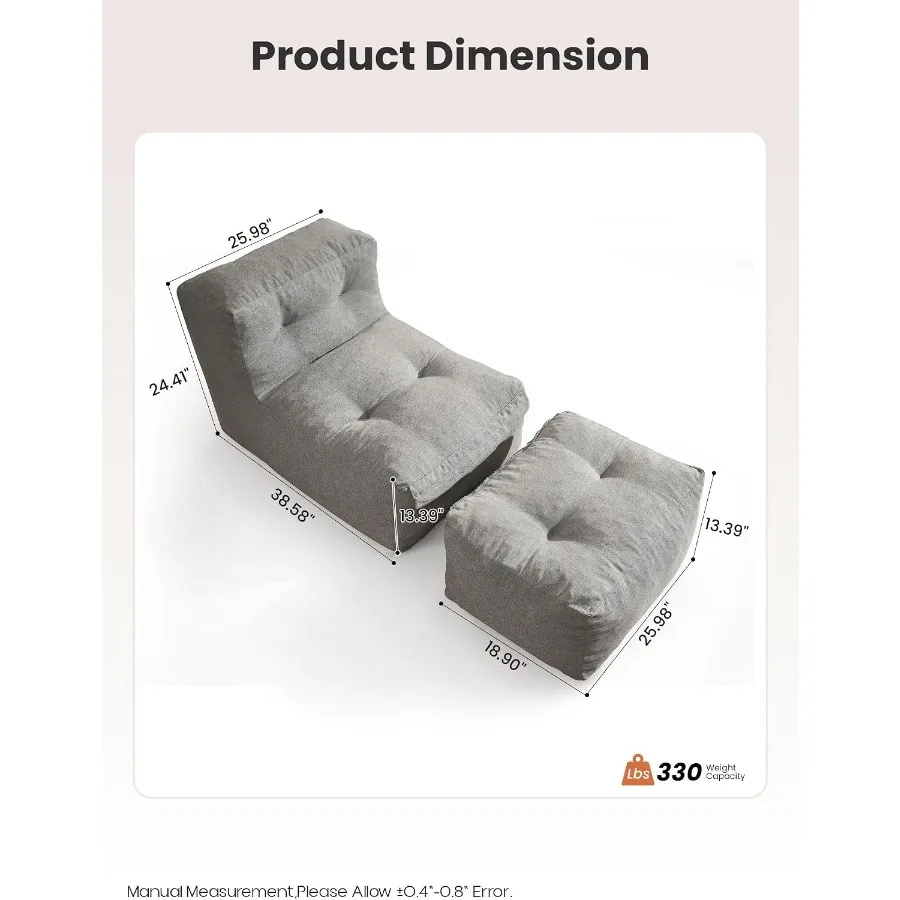 Patio Bean Bag Chair with Ottoman, Outdoor Daybed Sofa with Splash-Proof Fabric, No Assembly Required, Comfy Back Support Loung