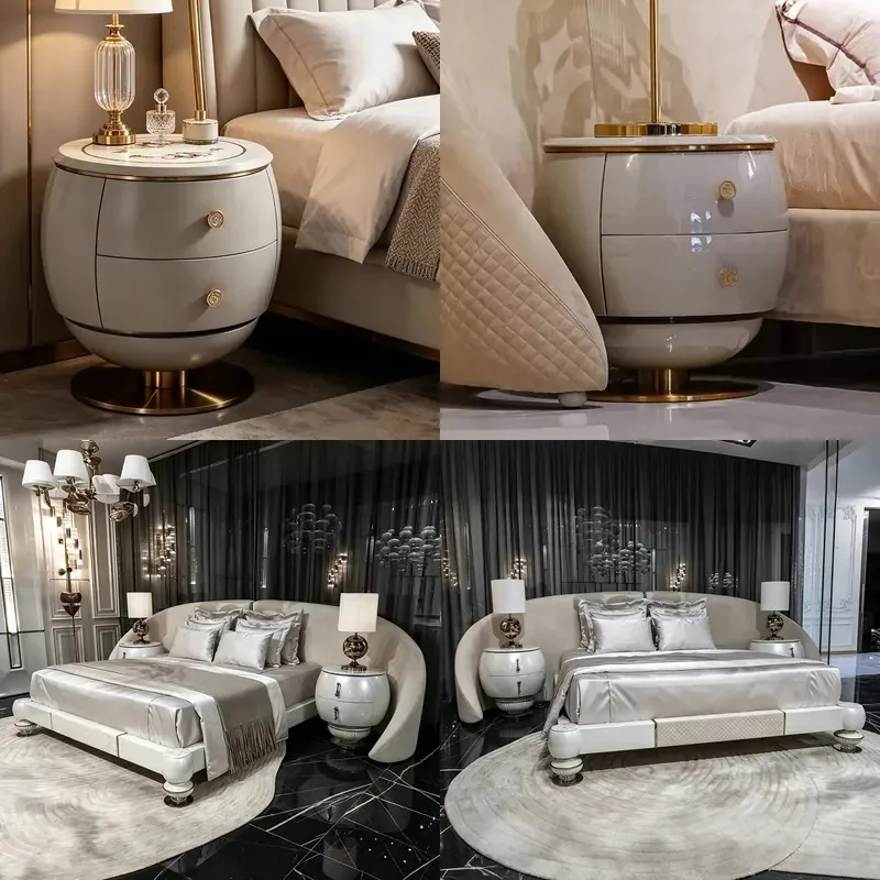 Luxury Marble Bedside Table Round 2 Drawers Solid Wood Modern Nightstand Locker Storage End Table for Bedroom Living Room