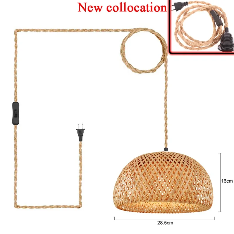 

EU Plug in Hemp Rope Pendant Light Hanging Chandelier Lights Hand Woven Bamboo Lampshade for Living Dinning Room Bedroom Kitchen