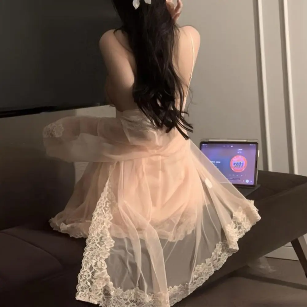 

Lace Bowknot Women's Pajama Dress Flower Ruffle Suspender Nightdress Homewear Sleeveless Sling Nightgown with Pads Summer