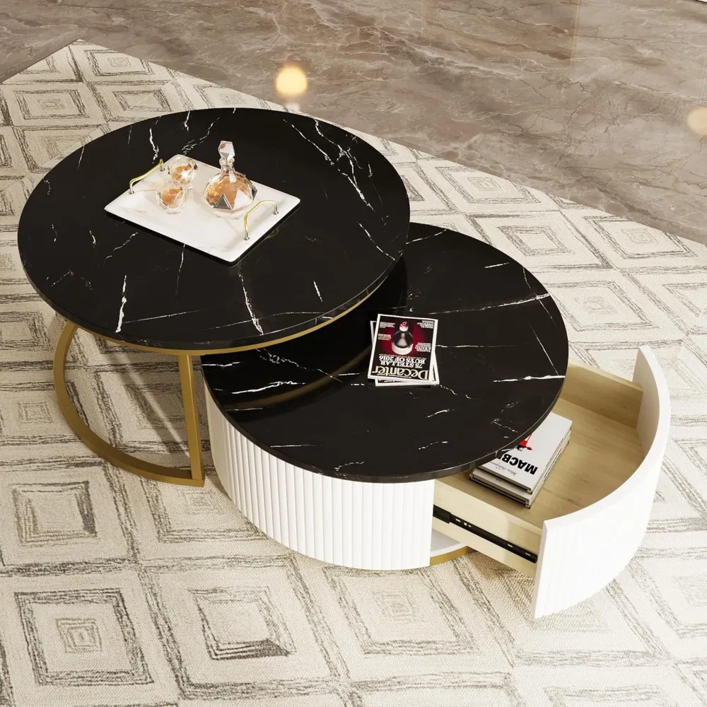 Nesting Coffee Table Set of 2, Modern Round with Drawer, Circular Wood Center for Living Room, Apartment, Black & Gold