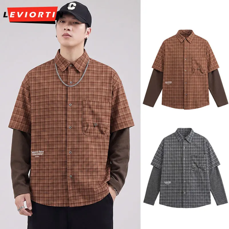 Men's Vintage Fake Two-Piece Plaid Shirt Streetwear Letter Embroidery Loose Fit Long Sleeve Casual Flannel Shacket