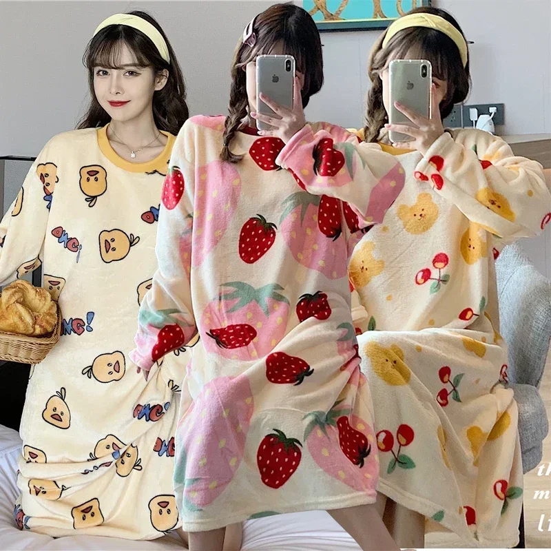 2026 Winter Long Sleeve Thick Warm Flannel Nightgowns For Women Cute Print Coral Velvet Sleepwear Nightdress Night Dress Nighty