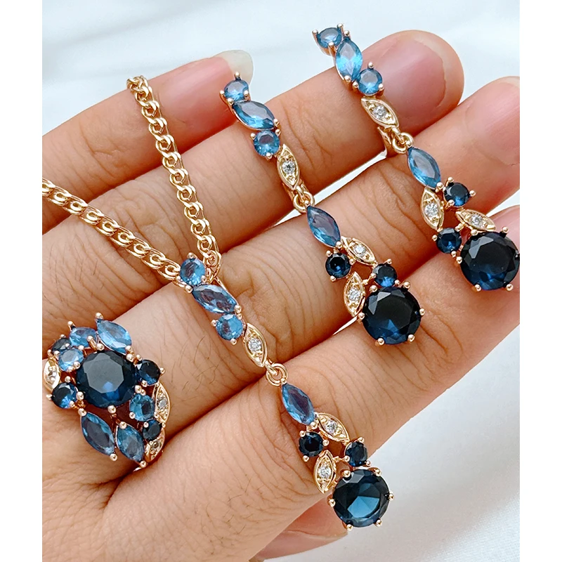 Kinel quente brilhante azul natural zircão conjuntos de jóias para mulheres moda 585 rosa ouro cor anel brincos colar diário jóias finas