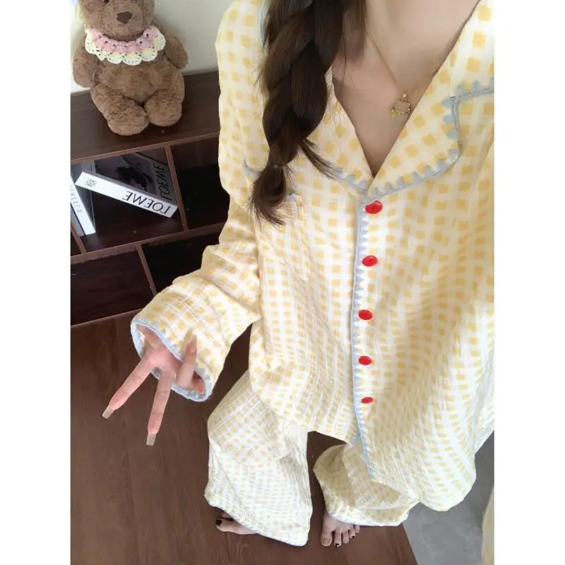 

Checkered Pajamas Womens Long Sleeve Set Cloud Cotton Loungewear Fall Wearable Outfit Homewear Autumn Casual Sleepwear